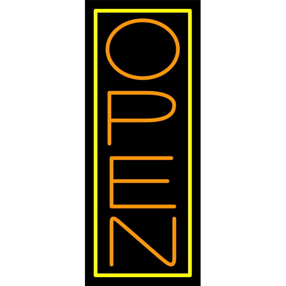 Orange Open With Yellow Border Vertical LED Neon Sign 24 x 10 - inches, Black Square Cut Acrylic Backing, with Dimmer - Bright and Premium built indoor LED Neon Sign for storefront.