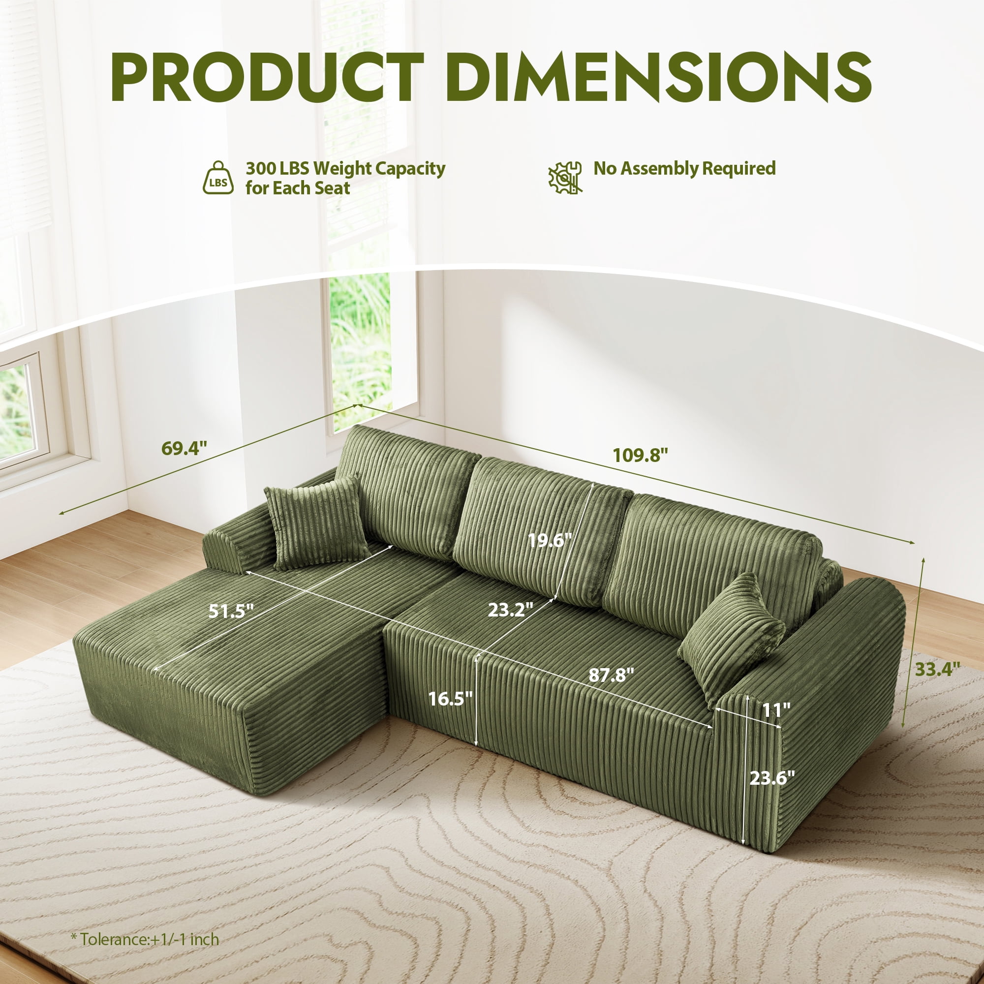 Aukfa 109" Modular Cloud Sectional Sofa with L-Shape Chaise, Corduroy Upholstered Deep Seat Couch, Left Facing Chaise, No Assembly Boneless Sofa for Living Room/Bedroom/Apartment, Green