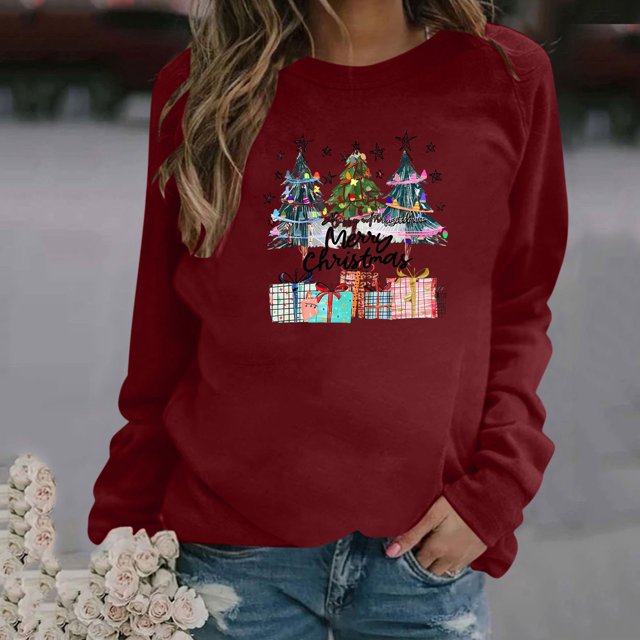 Jienlioq Hauts de Sortie pour Femmes Mode de Noël Décontractée Imprimé Col Rond Ample Long Chandail en Molleton Sans Capuche Vendredi Fou Deals