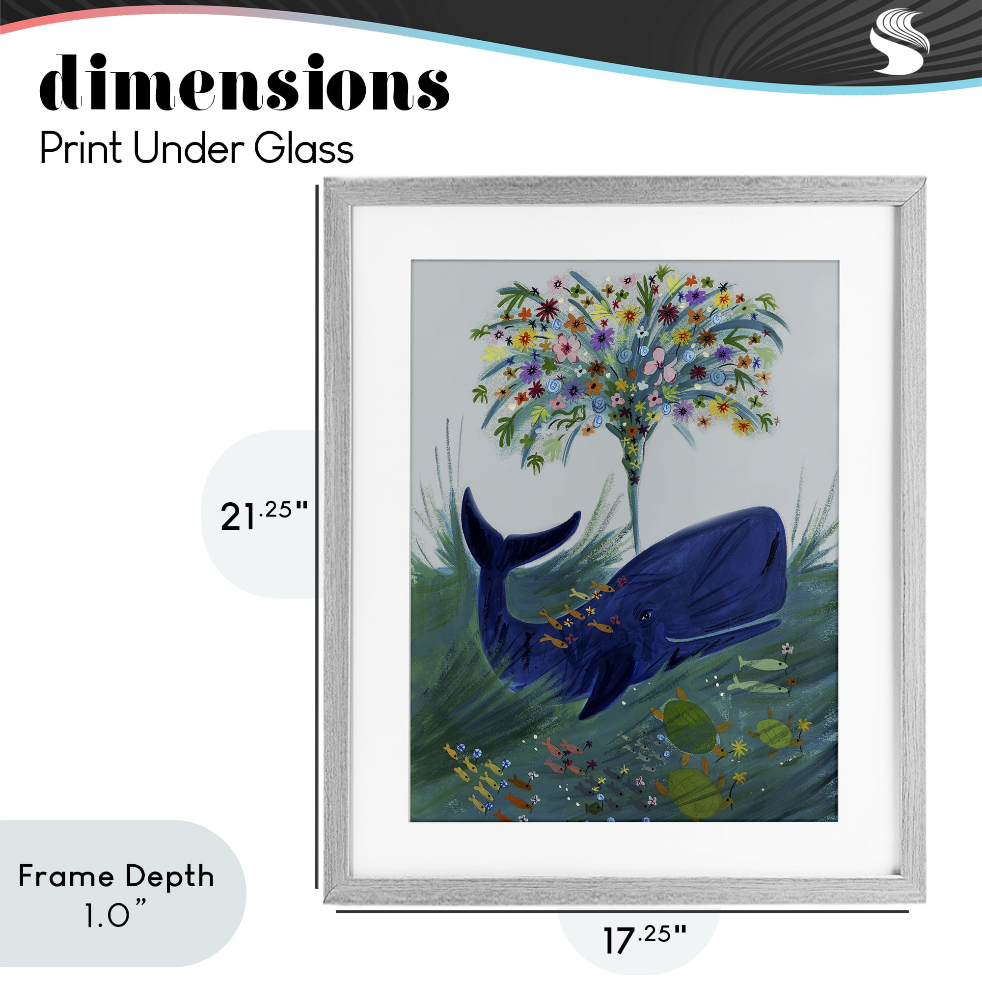 Stupell Industries A Flowery Whale Gray Framed Print Under Glass, design by Kay Widdowson