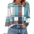 thumbnail image 2 of Nokdvo Womens Sweatshirts Fashion 2025 Plaid Crew Neck Pullover Long Sleeve Casual Loose Fit T Shirts,Light Blue L, 2 of 5