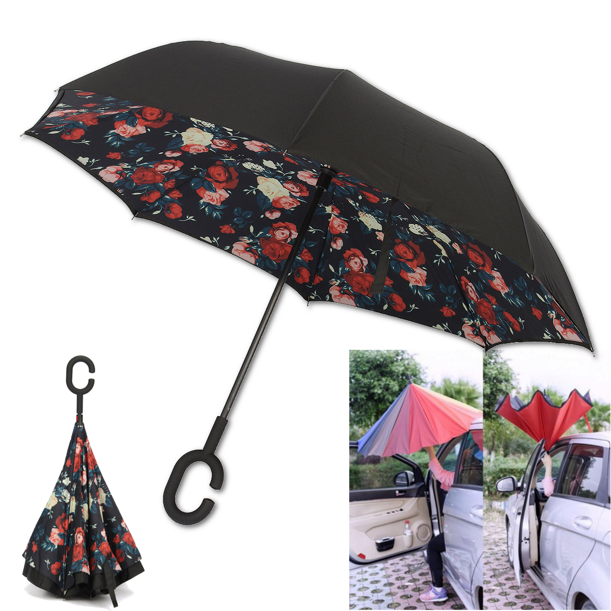 Generic 190T Double Layer Inverted Umbrella with CShaped Handle Anti