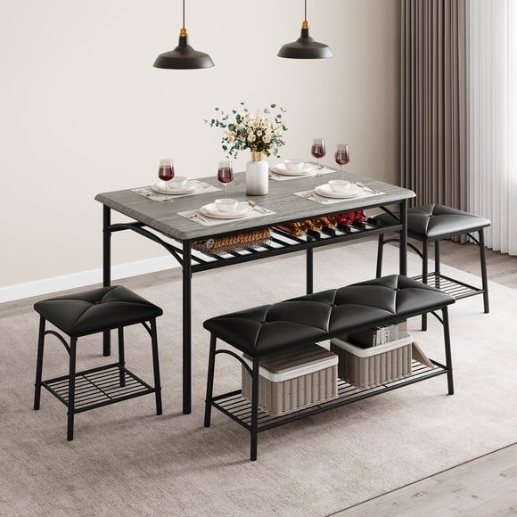 Yesfashion Juego de Mesa de Comedor para 4, Juego de Mesa de Cocina con Banco Tapizado y Taburetes Cuadrados, Juego de Mesa de Comedor de Metal y Madera