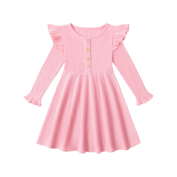 Gyratedream Toddler Fall Winter Long Sleeve Dress Ruffle Long Sleeve Ribbed Knit Button Down Casual Dresses 2-7 Years
