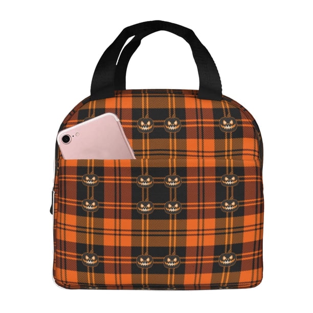 Easygdp Halloween Tartan Plaid Bolsa Térmica Premium - Tela Oxford Impermeable, Gran Capacidad, Bolsillo Frontal, Unisex para Trabajo, Escuela, Actividades al Aire Libre y Picnics