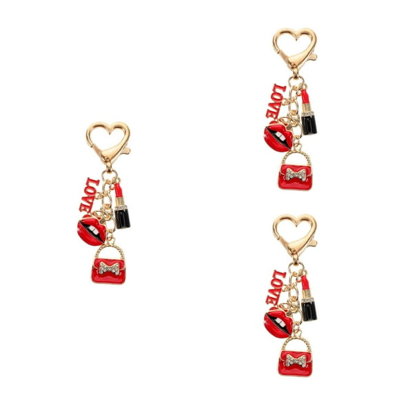 3pcs Red Lip Crystal Rhinestone Keychain Sparkling Key Ring Charms Purse Pendants Bag Decoration Valentine Day Alloy Charm For Women