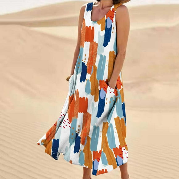 Summer Savings kcavykas Plus Size Summer Dresses for Women 2024, Women's Summer Casual Printing Sleeveless Round Neck Pocket Dress on Clearance