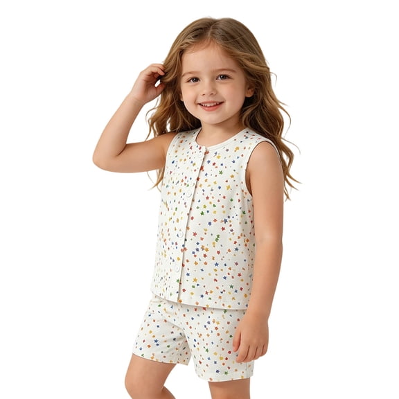 CAIVO Girls Colorful Star Print Sleeveless 2 Piece Pajama Sets Button Down Front Vest Tops Matching Shorts Kids Summer Sleepwear Pjs
