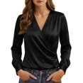 thumbnail image 3 of Zynoxe Long Sleeve Shirts for Women Lightweight Smooth Satin Womens Tops Fashion Versatile Solid Color V Neck Shirt Top Elegant Wrap Front Casual Blouse Business Casual Outfits S, 3 of 10