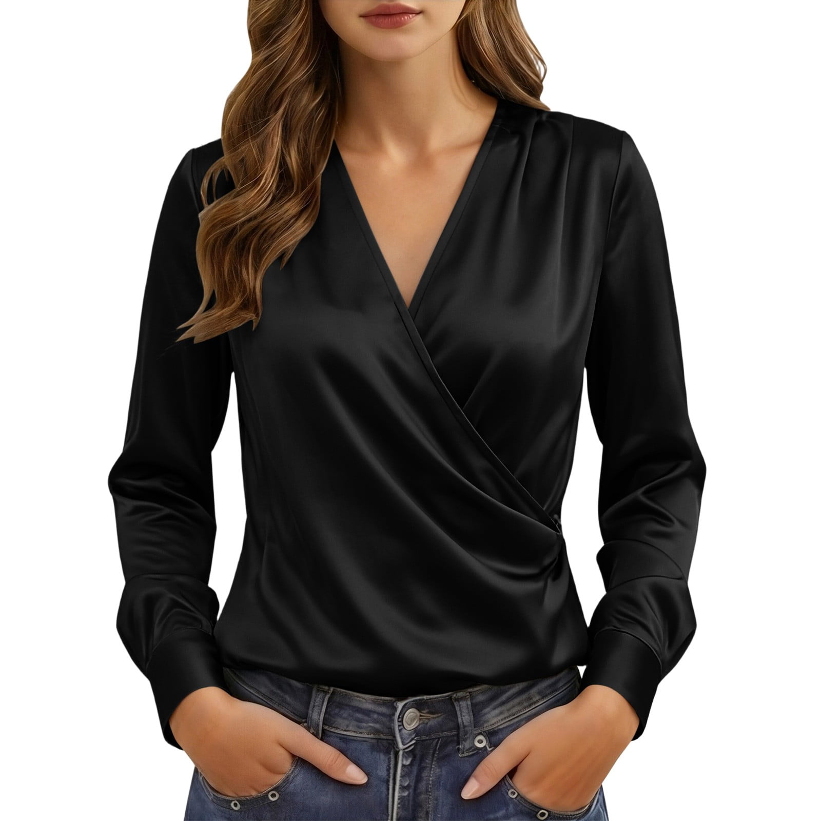 ZGRBOU Women s Wrap V Neck Satin Silk Blouses Elegant Long Sleeve Ruched Shirts Trendy Solid Slim Business Work Tops
