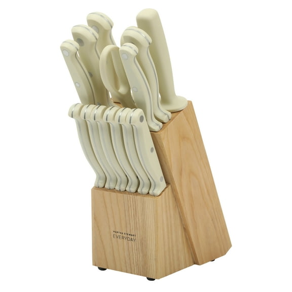 Martha Stewart Everyday Keswick 14-Piece Stainless Steel kitchen Knife Set with Wood Block, Cream