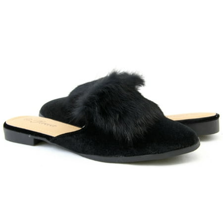

Women Fashion Open Back Flat Shoes Pom Pom Fur Black