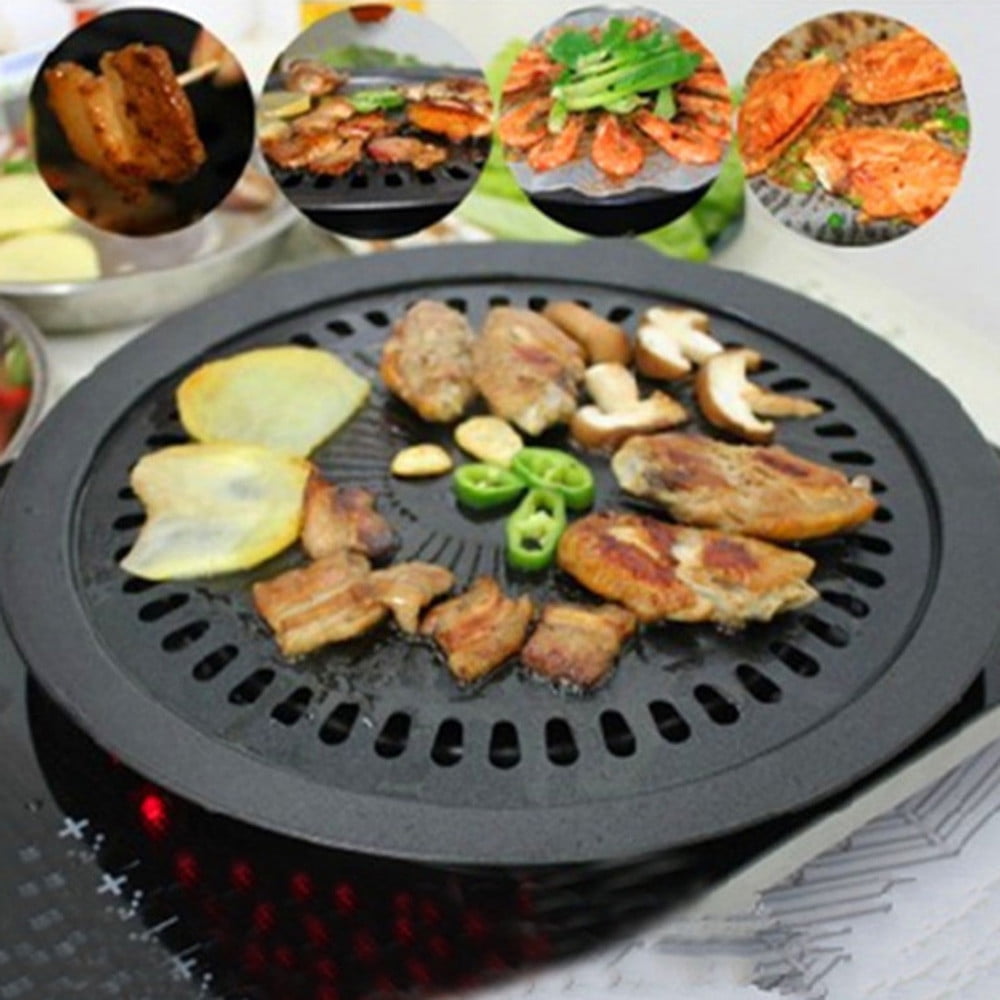 Smokeless Indoor Iron Stovetop Korean BBQ Grill Tray Black Stove Round F8M4 