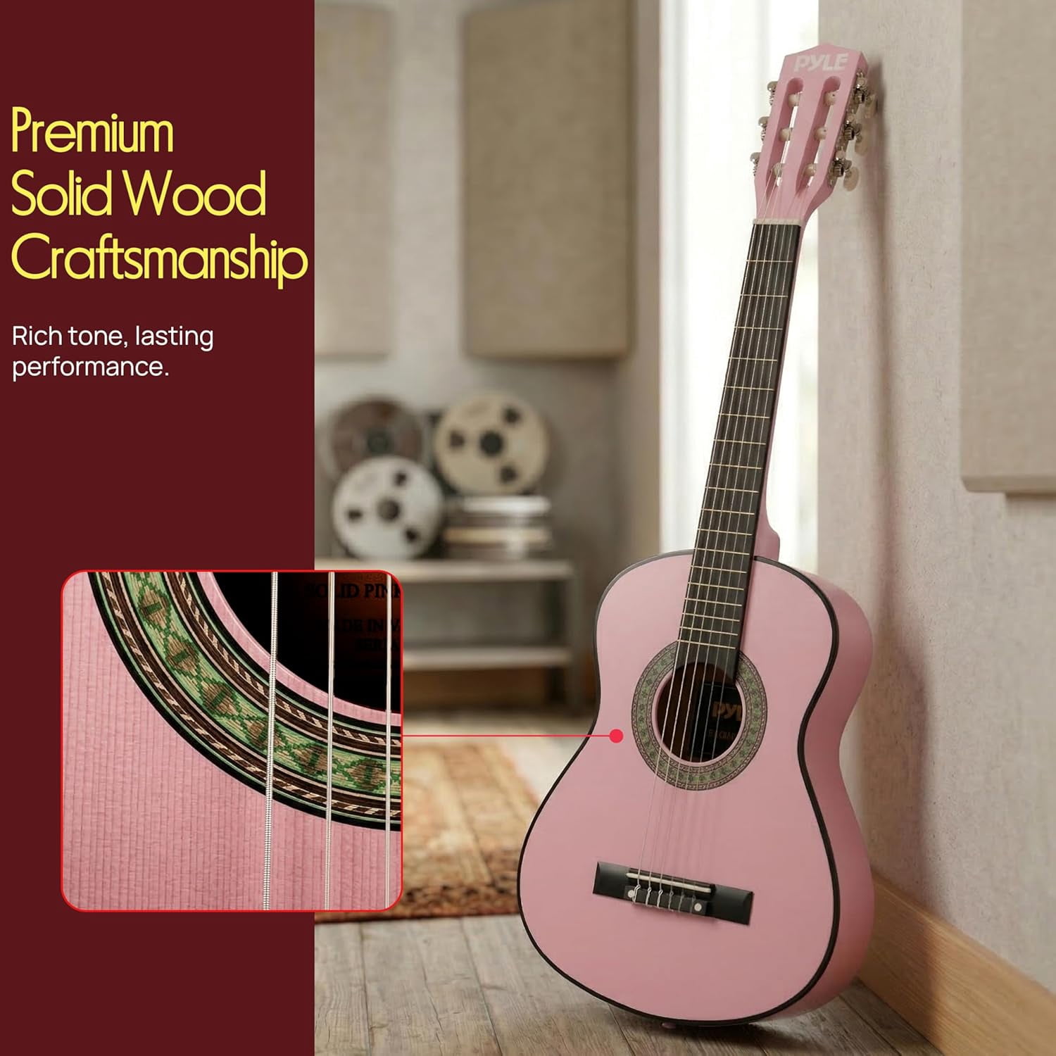Pyle Beginner 6-String Acoustic Guitar Kit – Full-Size Guitar with Picks, Strap, Tuner & Gig Bag, Complete Starter Set for Easy Learning (Pink)