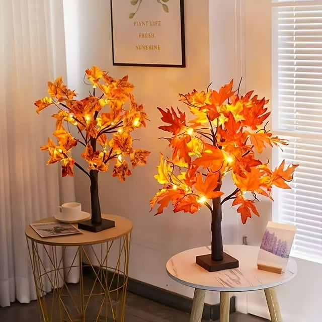 CNKOO 24” LED Maple Tree Decor with Warm White Lights - Battery-Powered Tabletop Decoration Realistic Fall Foliage No Wiring Needed Portable Indoor/Outdoor Halloween & Thanksgiving Dec