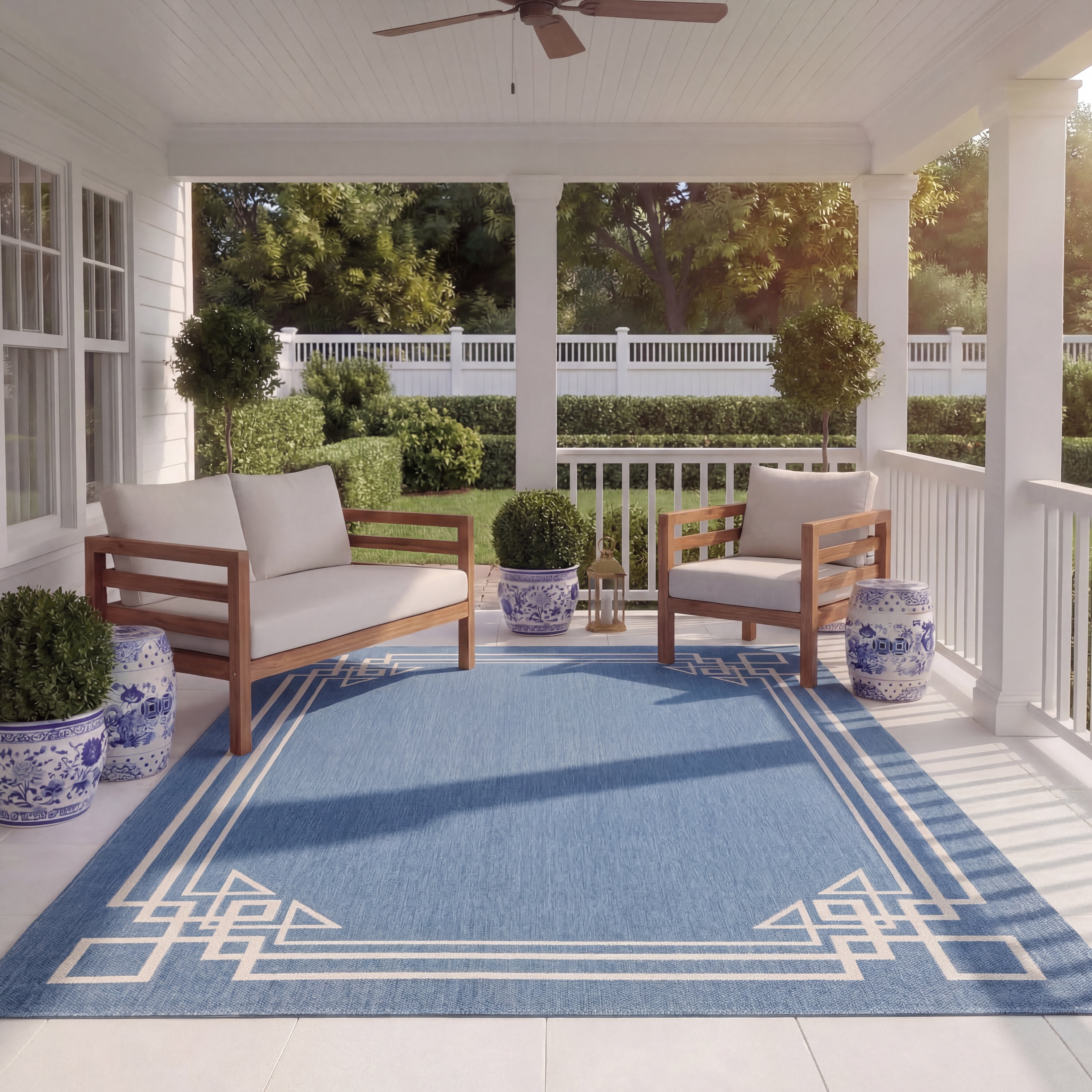 SAFAVIEH Courtyard Abagail Bordered Indoor/Outdoor Area Rug, Blue/Light Beige, 5'3" x 7'7"