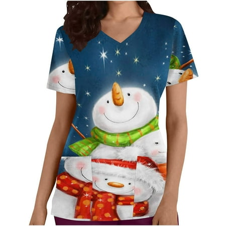 

JWZUY Womens Scrub Tops Stretch Workwear Graphic Printed V-Neck Nursing Scrubs with Pockets Nurse Working Uniforms Nursing Blouses Pullover Shirts T-Shirts Tshirts Tee Shirt (Blue S)