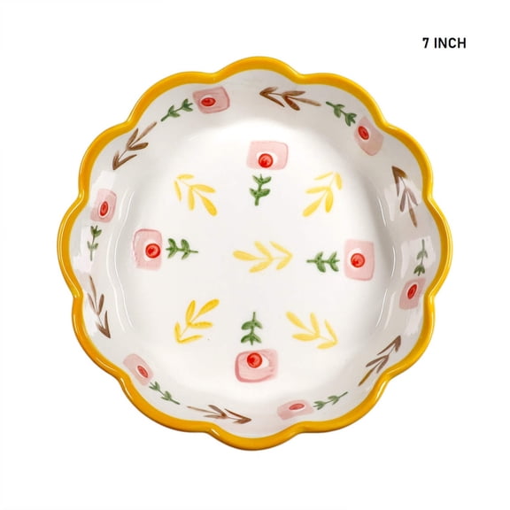7 Inch Hand Painted Flower Pattern Ceramic Bowl Wavy Edge