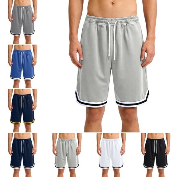 Domuza Athletic Shorts for Men Striped Quick-Dry Workout Basketball Shorts Mesh Elastic Waist Pockets for Gym Running Sports Clothes Light Gray M