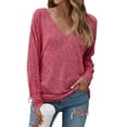 thumbnail image 1 of Women V Neck Long Sleeve Ruching Side Pure Color Top, 1 of 7
