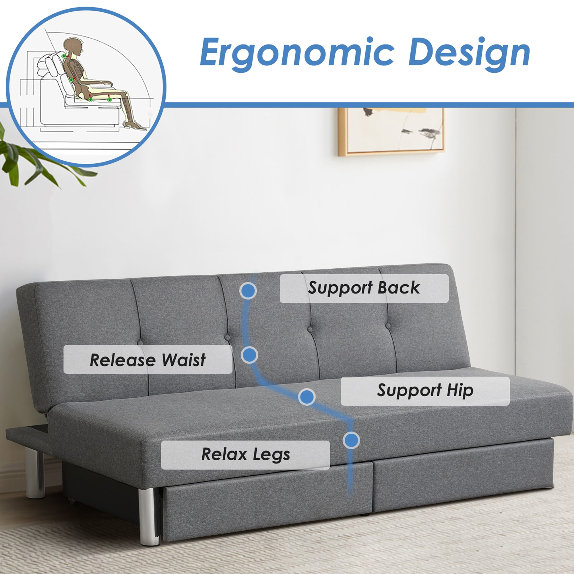 Costway Convertible Futon Sofa Bed Adjustable Couch Sleeper w/ Two Drawers Grey