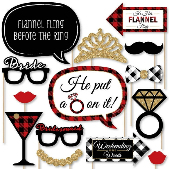 Big Dot of Happiness Flannel Fling Before the Ring - Buffalo Plaid Bachelorette Party Photo Booth Props Kit - 20 Count