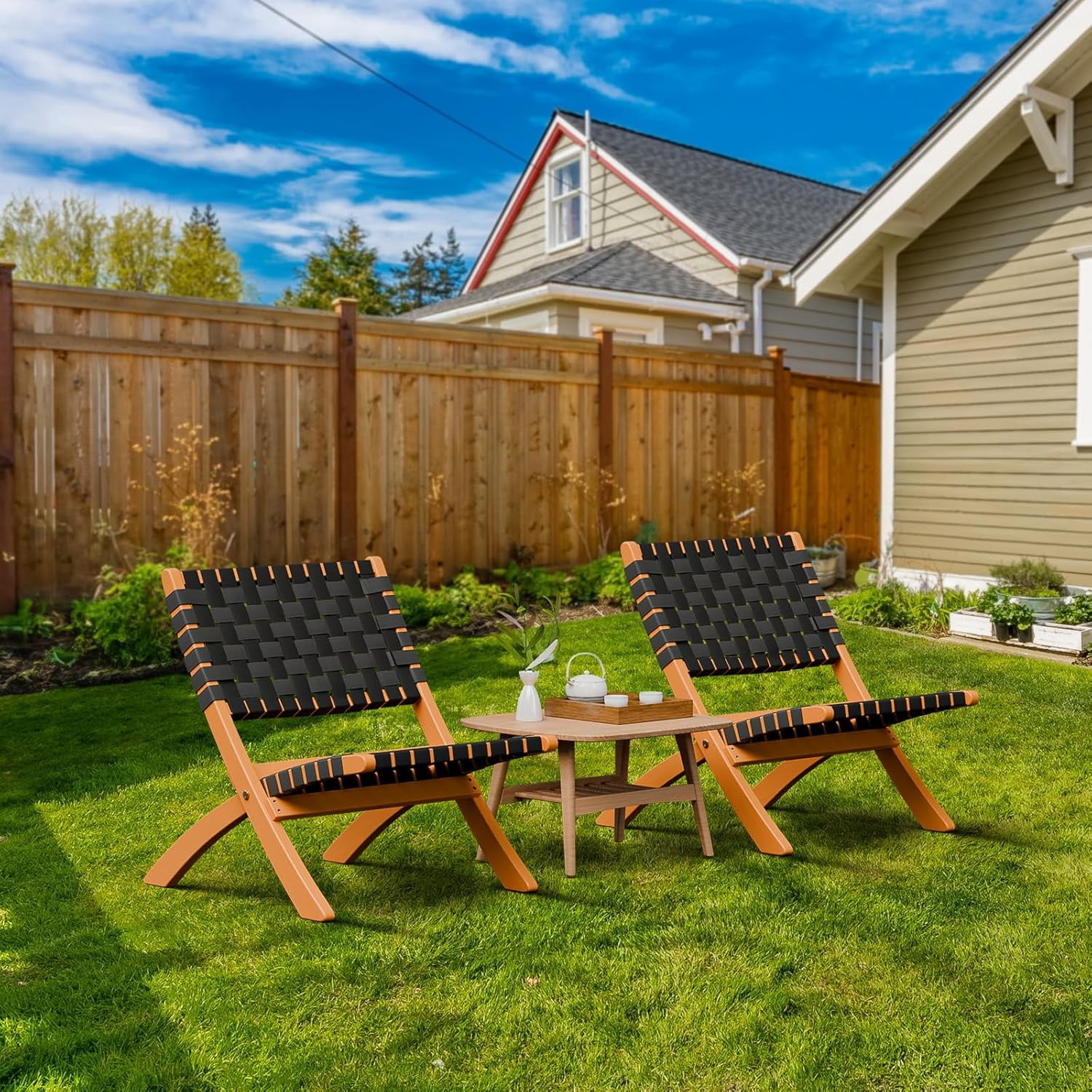 WLTER Wooden Outdoor Chairs, Portable Rattan Folding Chair with Low Webbing Seat and Backrest, Adirondack Chairs, Ideal for Patio, Lawn, Garden, Fishing, Black, 1 Pack