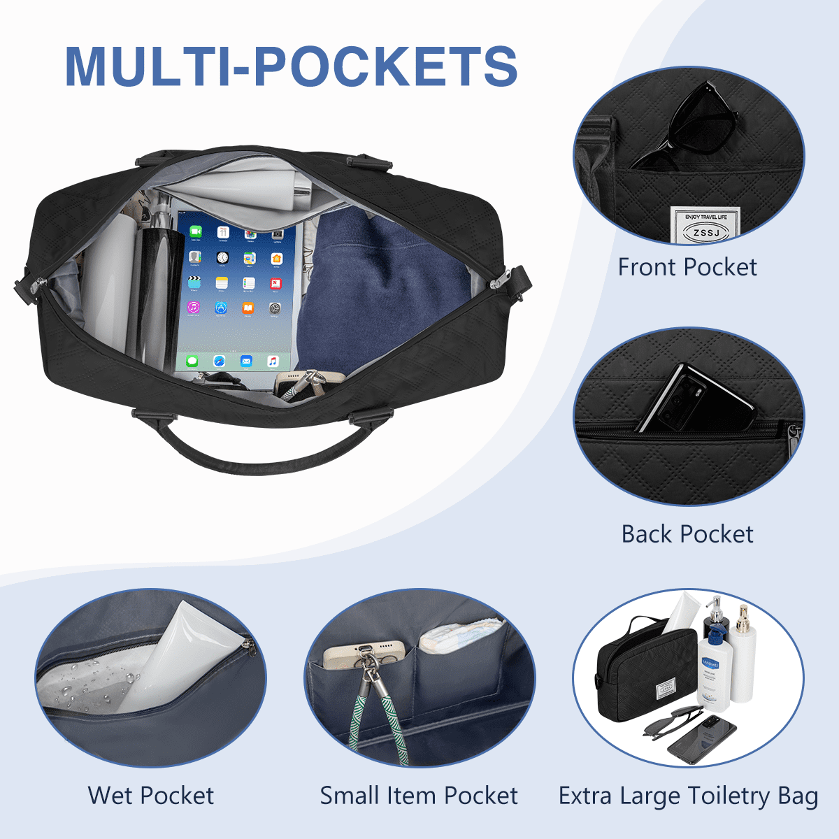 Travel Bag with Shoes Compartment, 40L Weekender Overnight Duffel Bag with Toiletry Bag and Shoes Bag, Gym Bag for Women with Wet Pocket, Personal Carry On Bag for Women, Travel, Gym, Weekend, Black