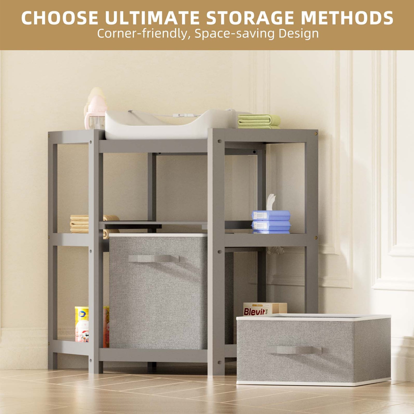 KORIMEFA Children Changing Table with Pad, Corner Diaper Changing Table with Laundry Hamper, Storage Bin, Contoured Pad for Baby - Gray
