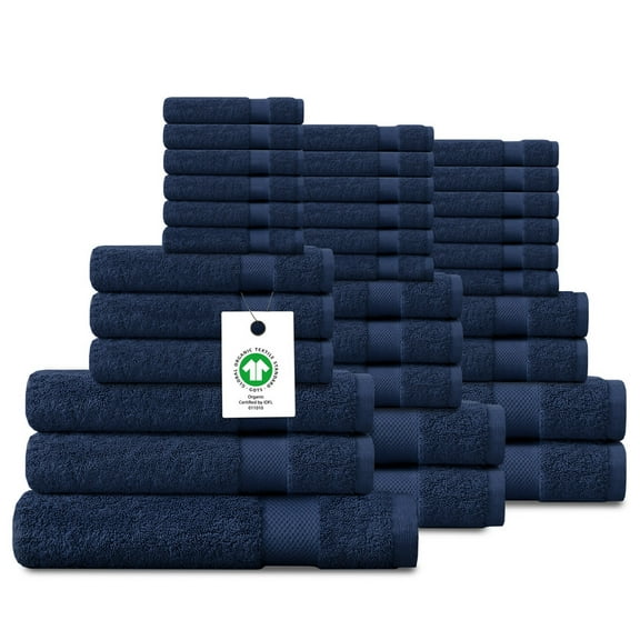 Delara 33-Piece Organic Cotton Bath Towel Set, 650 GSM Luxury Plush, Quick Dry & Ultra-Absorbent, GOTS & OEKO-TEX Certified, Navy Blue
