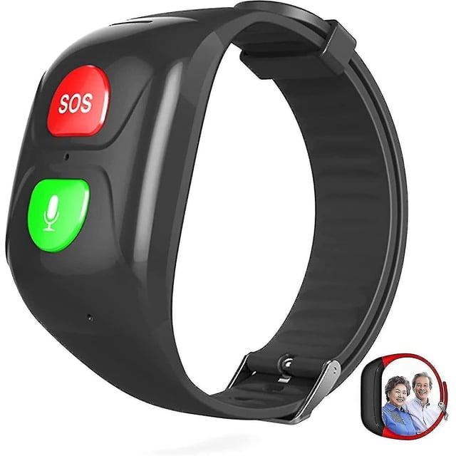 2024 sos pulsera gps tracker compatible llamada de emergencia para ancianos sos gps localizador teléfono ayuda de emergencia i pulsera reloj negra en 3/4 con correa ajustable y hebilla metálica, botones grandes SOS rojo y micrófono verde visibles, orificio de altavoz y micrófono integrados, diseñada para rastreo GPS y llamadas bidireccionales; también suele usarse para recibir avisos de seguridad familiar durante salidas.