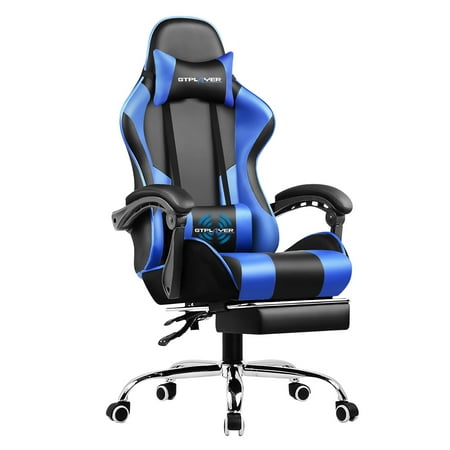 GTRACING Gaming Chair with Footrest and Ergonomic Lumbar Massage Pillow PU Leather Office Chair, Blue