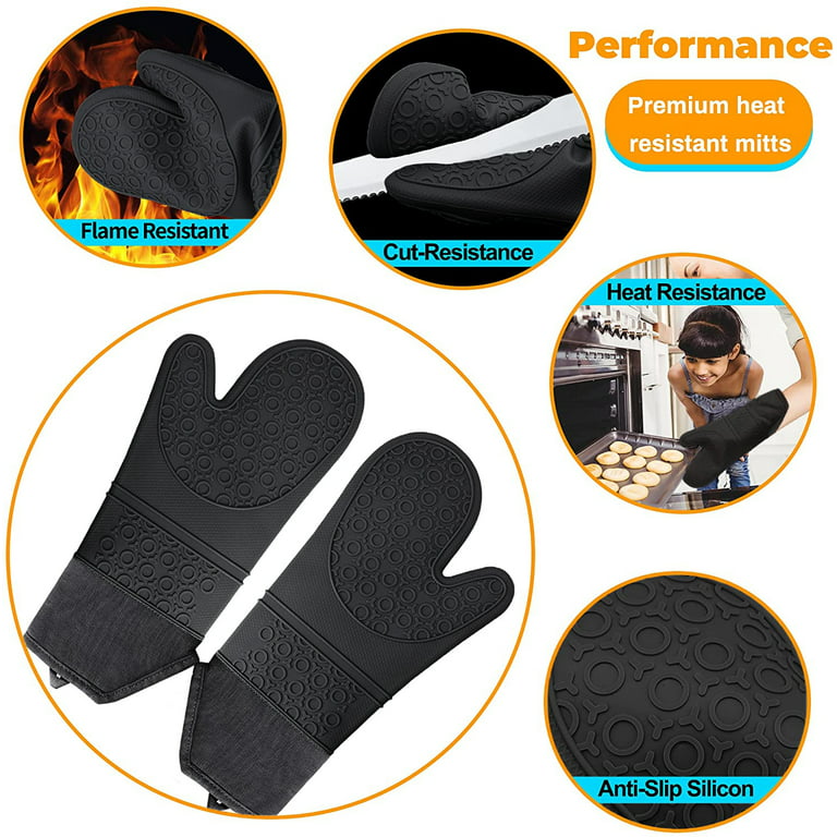 Extra Long Oven Mitts and Pot Holders Sets, RORECAY Heat Resistant Silicone Oven  Mittens with Mini Oven Gloves and Hot Pads Potholders for Kitchen Baking  Cooking, Quilted Liner, Black, Pack of 6 