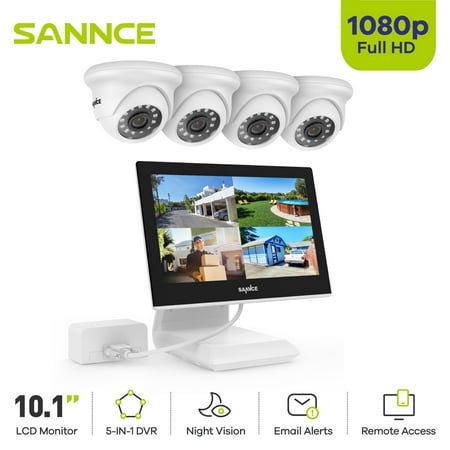 SANNCE 4CH 10"1 LCD Monitor DVR 1080p Full HD Outdoor Indoor Home Security Camera System with Remote Access,Motion Detection