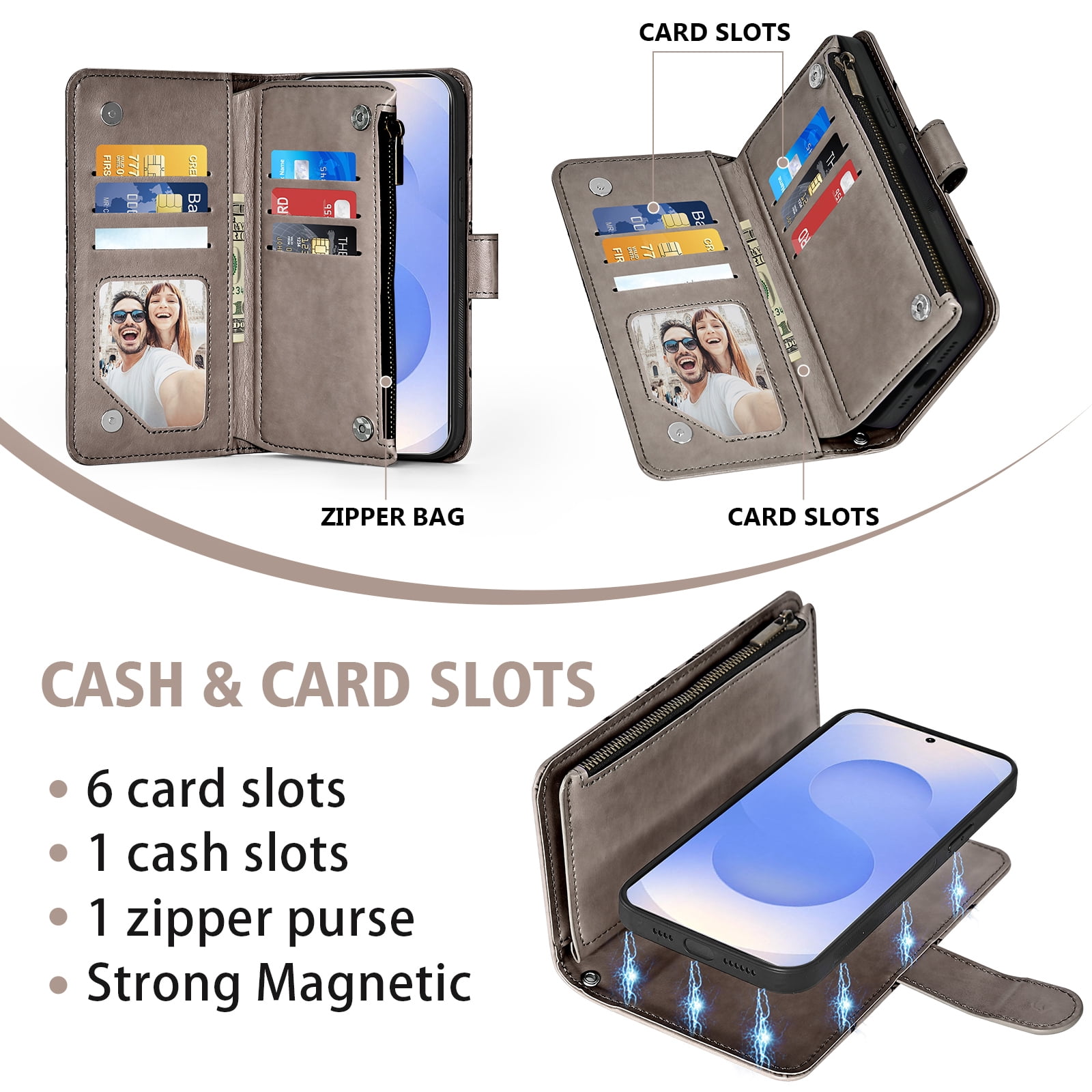 Asuwish Phone Case for Samsung Galaxy S25 5G Zipper Wallet Magnetic Detachable Cell Cover with Tempered Glass Screen Protector Crossbody Strap Flower Card Holder Slot S 25 25S G5 Women Girls Grey