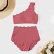 thumbnail image 5 of Traje de Baño de Mujer con Pantalones Cortos de un Hombro de Cintura Alta de Dos Piezas, Traje de Baño de Torso Largo con Doblado Ondulado Y Sujetador Acolchado Extraíble, Desgaste de Vacaciones de P, 5 of 8