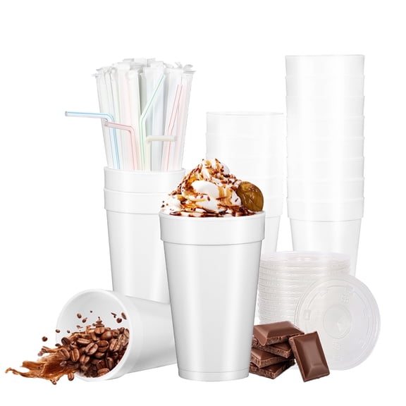 Styrofoam Cups with Lids and Drinking Straws, 16 oz, White, 150 Count, 50 Pack, Disposable Foam Cups for Coffee, Tea, Juice