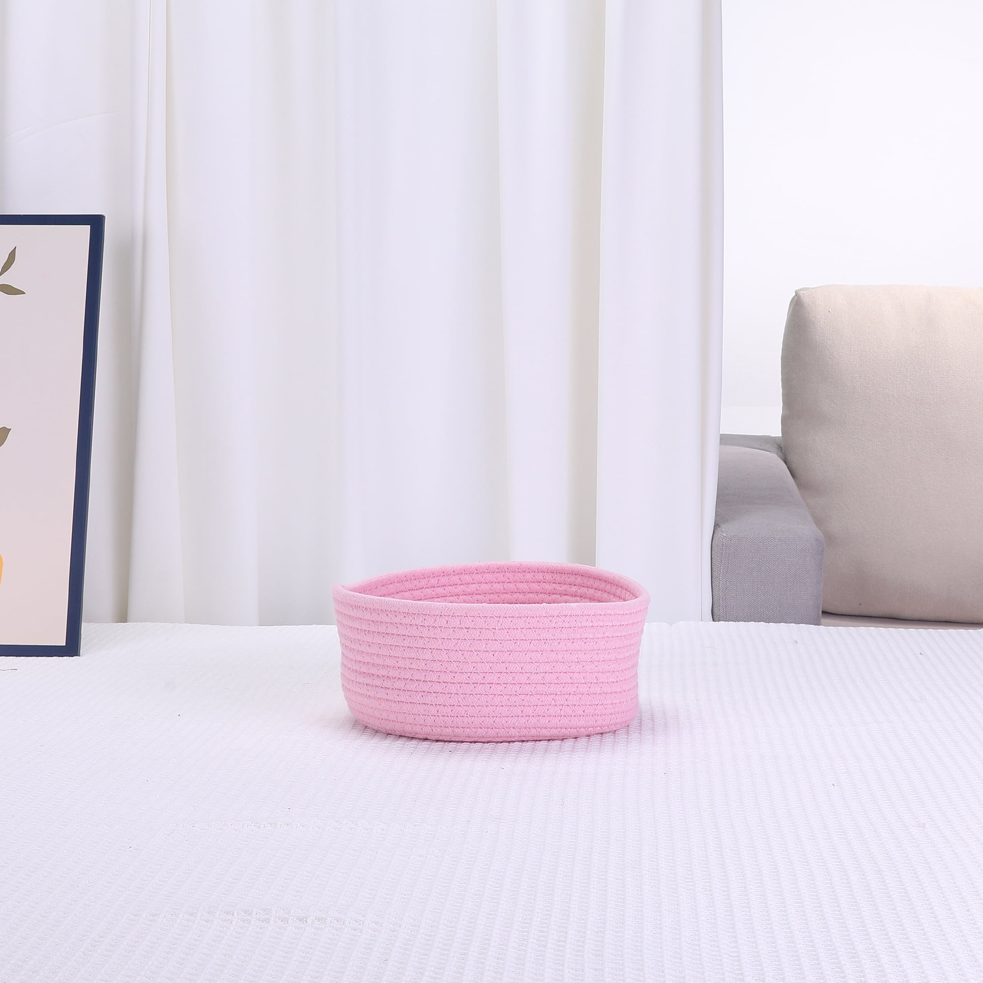 Unique Bargains Round Woven Storage Basket Small Storage Bin for Home Decor Pink L