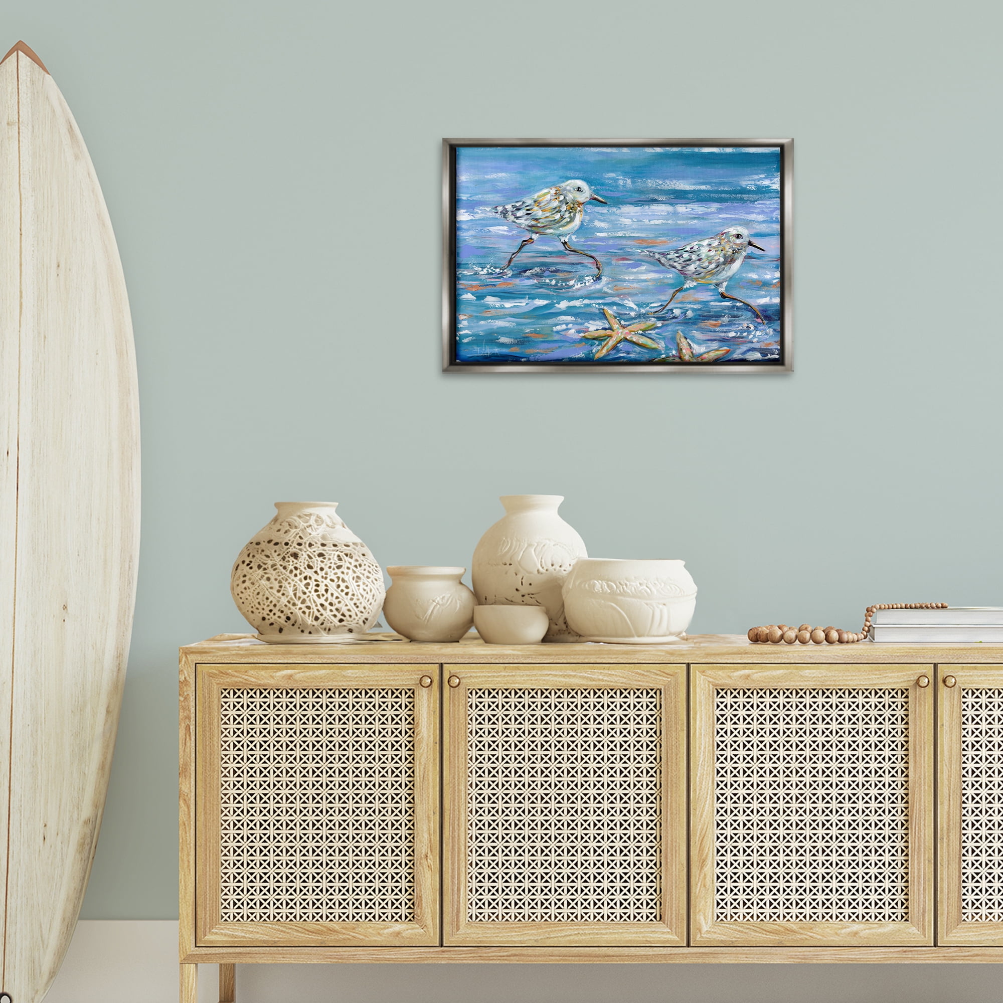 Stupell Industries Running Sea Sandpipers Coastal Painting Gray Floater Framed Canvas Art Print Wall Art, 25 x 17