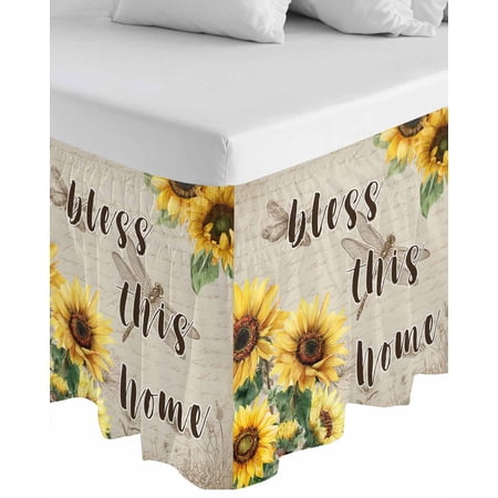 Sunflowers Wrap Around Bed Skirts for King Bed 18" Drop,Bed Skirt with Adjustable Elastic Belt Dust Ruffle Bed Valance for Bedroom Hotel Spring Farmhouse Flowers Dragonflies Retro Bed Frame Cover