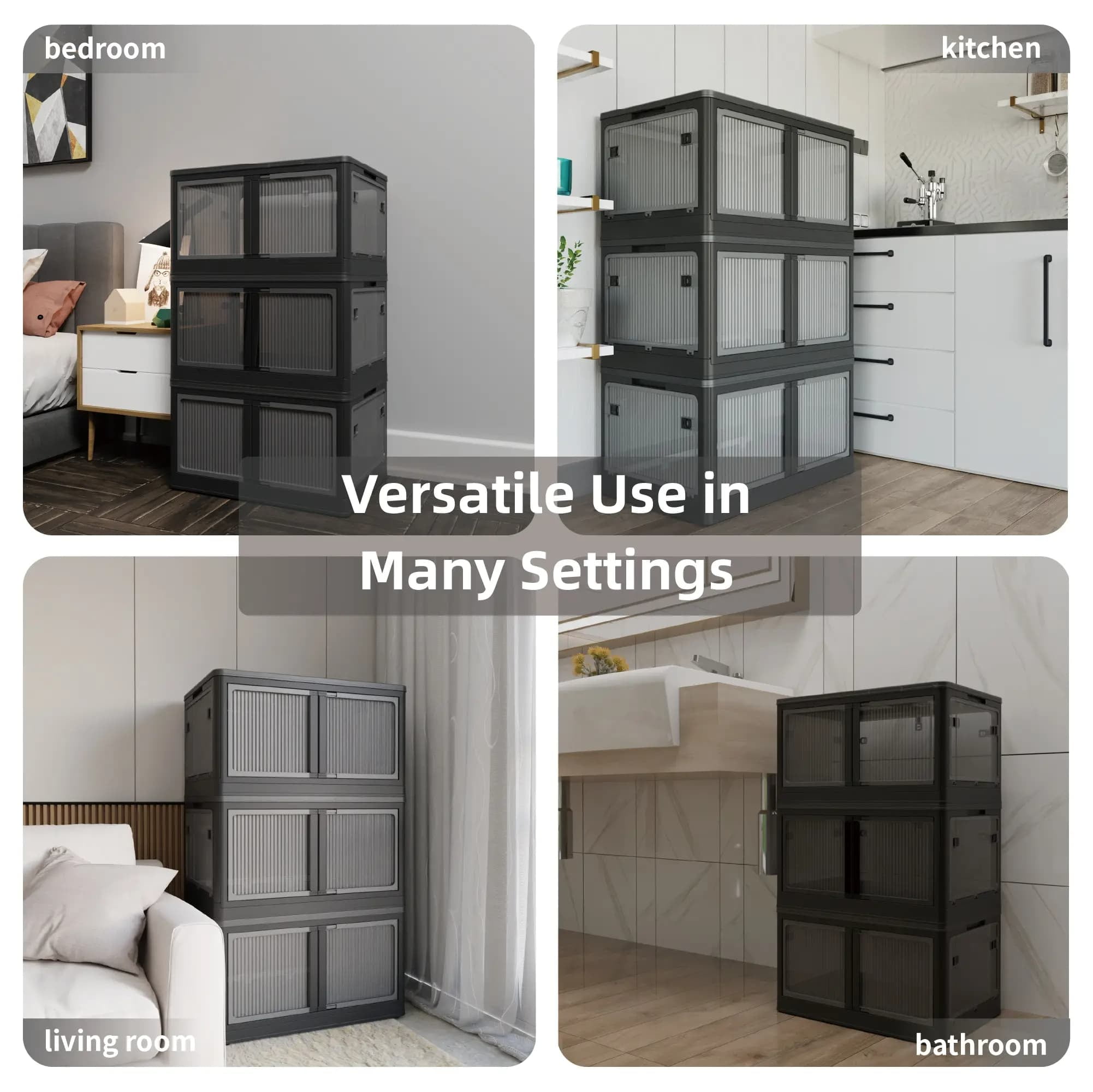384QT 3-Pack Transparent Stackable Storage Bins with 5 Doors to Open with Wheels, Folding Plastic Craft Containers Large Closet Organizers Box for Bedrooms Living Rooms,Black