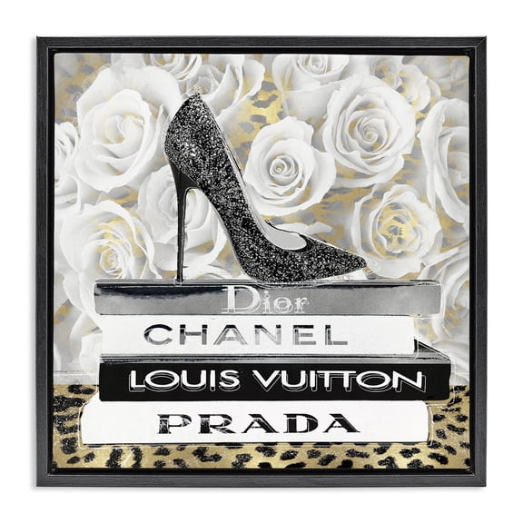Stupell Industries Glam Heel on Roses Fashion Painting Black Floater Framed Canvas Art Print Wall Art, 18 x 18