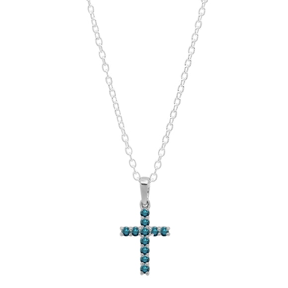 Dazzlingrock Collection Round Blue Diamond Divine Cross of Jesus Pendant for Women with 18 Inch Gold Chain (0.15 ctw, Color Blue, Clarity I2-I3) in 10K White Gold