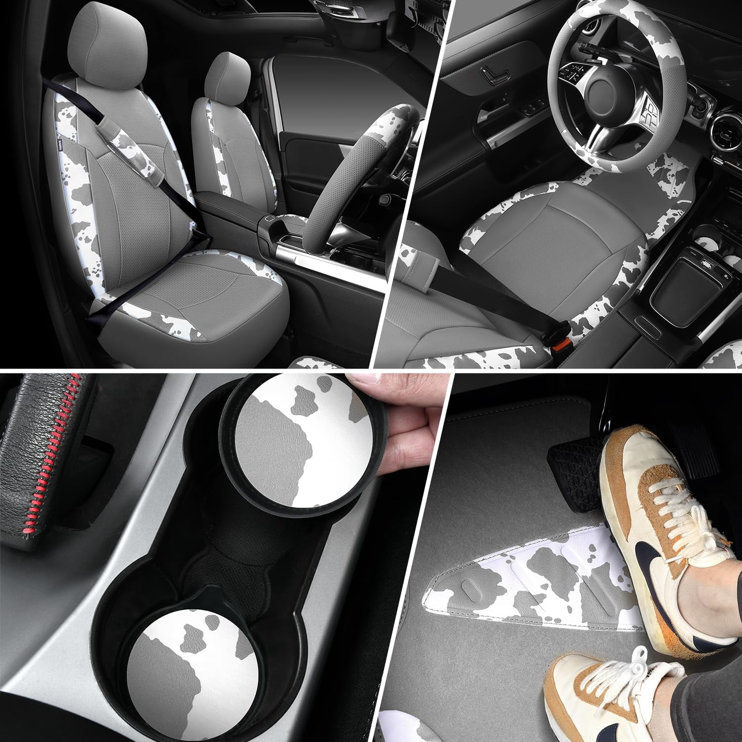 CAR PASS Leopard Print Faux Leather Car Seat Covers & Leopard Car Mats&Leopard Steering Wheel Cover Seat Belt Pad Universal Car Accessories for SUV,Van,Saden,Truck Automobile Interior Sets