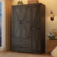thumbnail image 3 of Blotout 3 Door Wardrobe Closet with Doors and Drawers, Bedroom Armoire with Shelves, Farmhouse Wooden Armoire Wardrobe Closet with Hanging Rod for Bedroom, Grey, 3 of 9