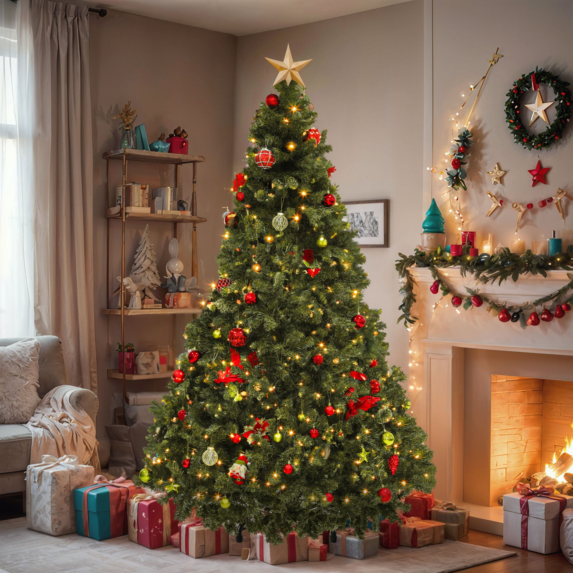 ModFusion 7.5ft Pre-Lit Artificial Christmas Tree, Holiday Decoration with 1346 Branch Tips, 550 Warm Lights, for Home, Office, and Party, Green