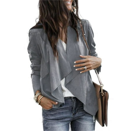 - Women Faux Suede Duster Style Short Jacket Biker Ladies Waterfall Blazer Coat