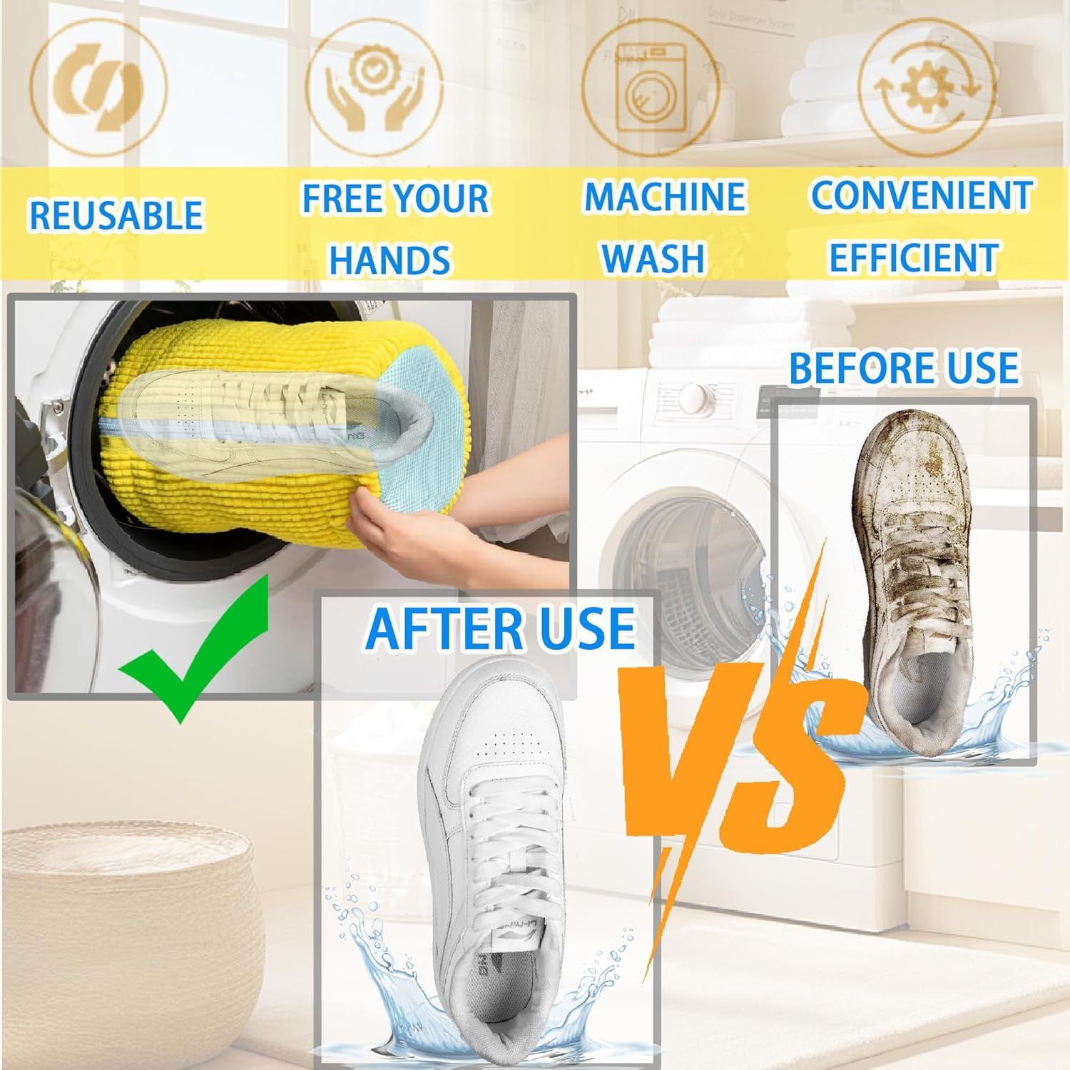 Shoe Washing Machine Bag Laundry Shoe Bag for Washer and Dryer Reusable 2pc Shoe Cleaning Bags for Sneakers 360° Deep Cleaning Machine for All Shoes Types With Self-locking Zipper Yellow 2Pcs