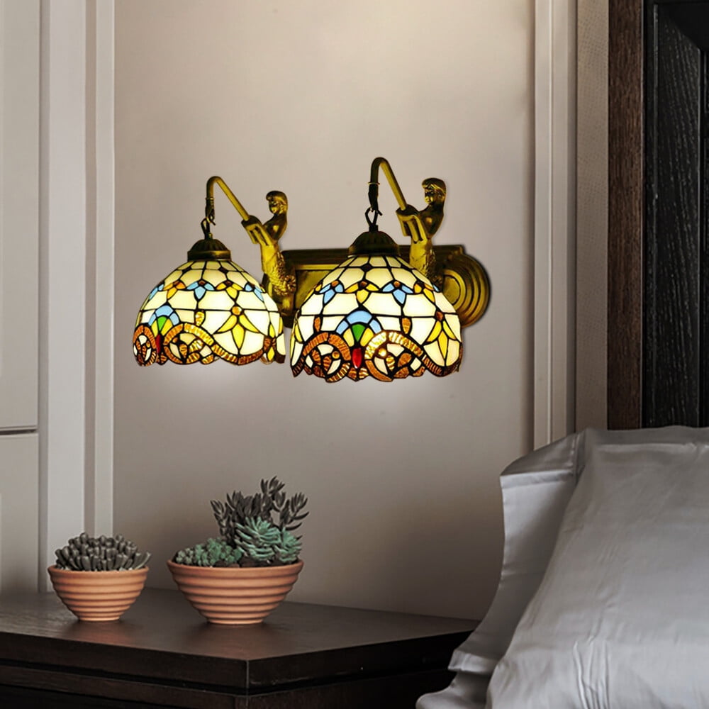 2 Lights Tiffany Mermaid Vanity Fixture Wall Lighting Stained Glass Wall Sconce! For Front Doors, Sheds, Hallways, Terraces