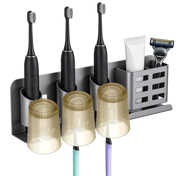 3 Slots Electric Toothbrush Wall Holder, No Drilling Self Adhesive Aluminum Bathroom Organizer with Drainage Holes, Wall Toothbrush Rack for Toothbrushes Mouthwash Cups Toothpaste Razor